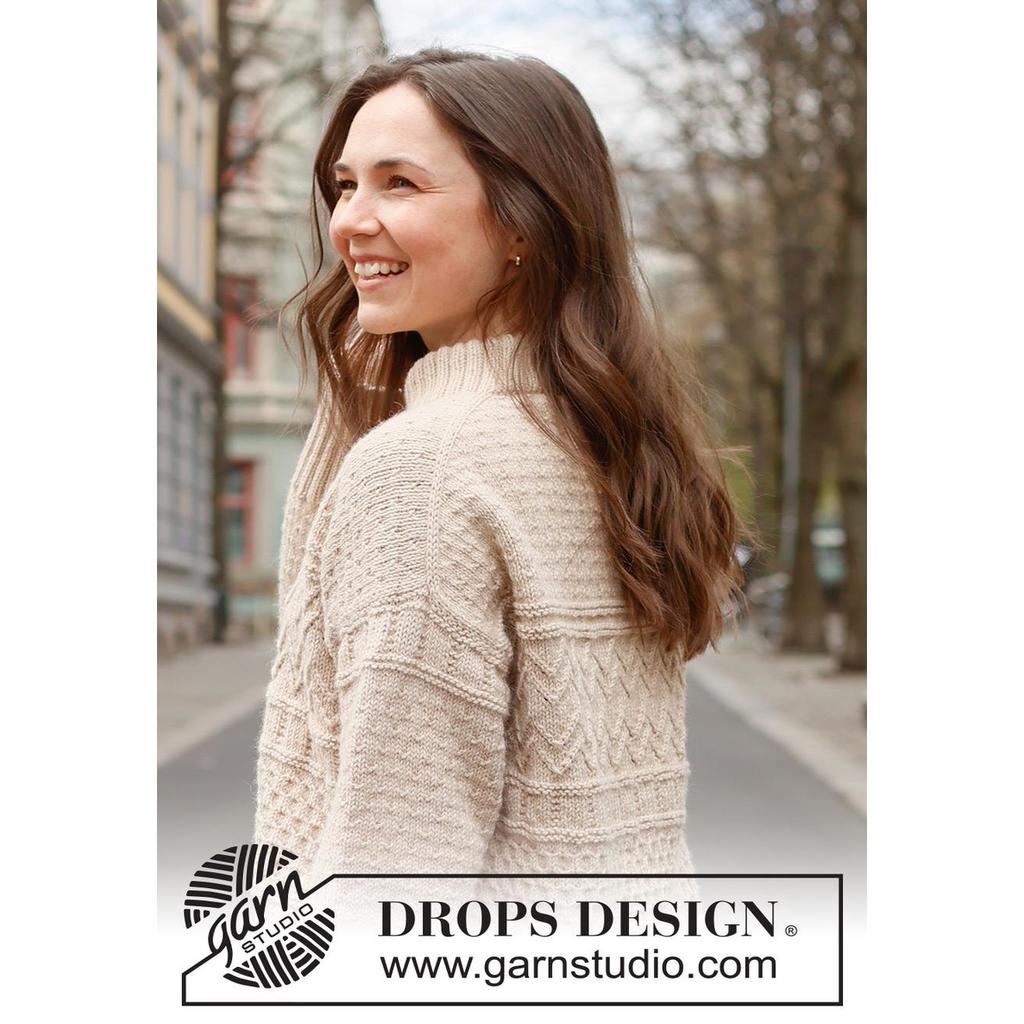 Pullover mit Reliefmuster und doppelter Halsblende Strickanleitung - Drops Design (PDF) bei bei bei bei bei bei Lieblingsgarn