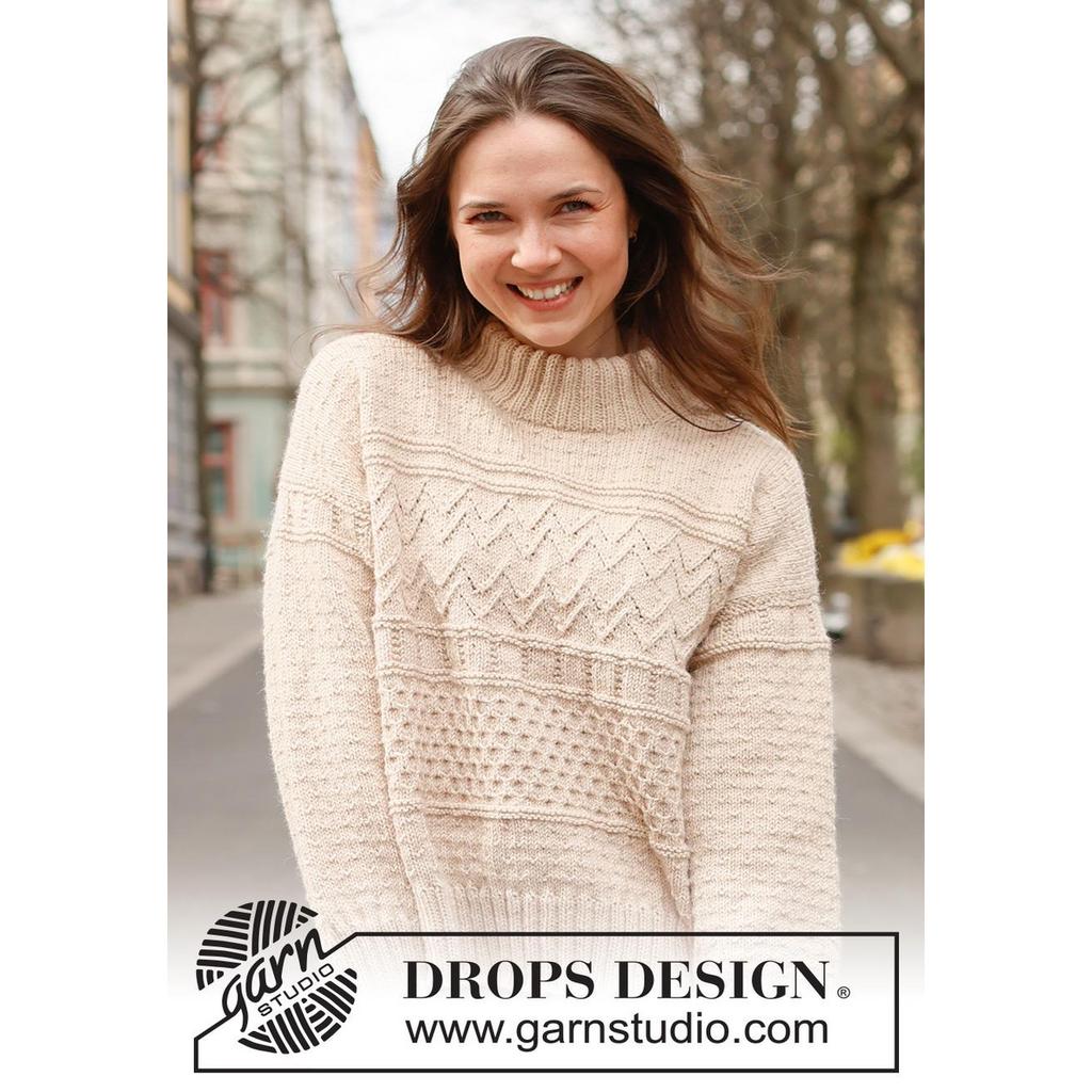 Pullover mit Reliefmuster und doppelter Halsblende Strickanleitung - Drops Design (PDF) bei bei bei bei bei bei Lieblingsgarn