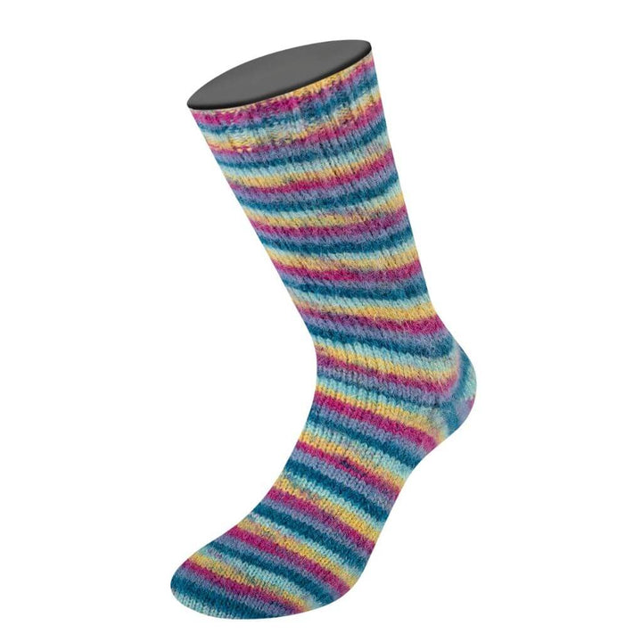 Lana Grossa Cosy Socks Multi Stripes, Farbe 155 Dunkelpetrol/Helltürkis/Gelb/Orchidee/Grauviolett bei Lieblingsgarn