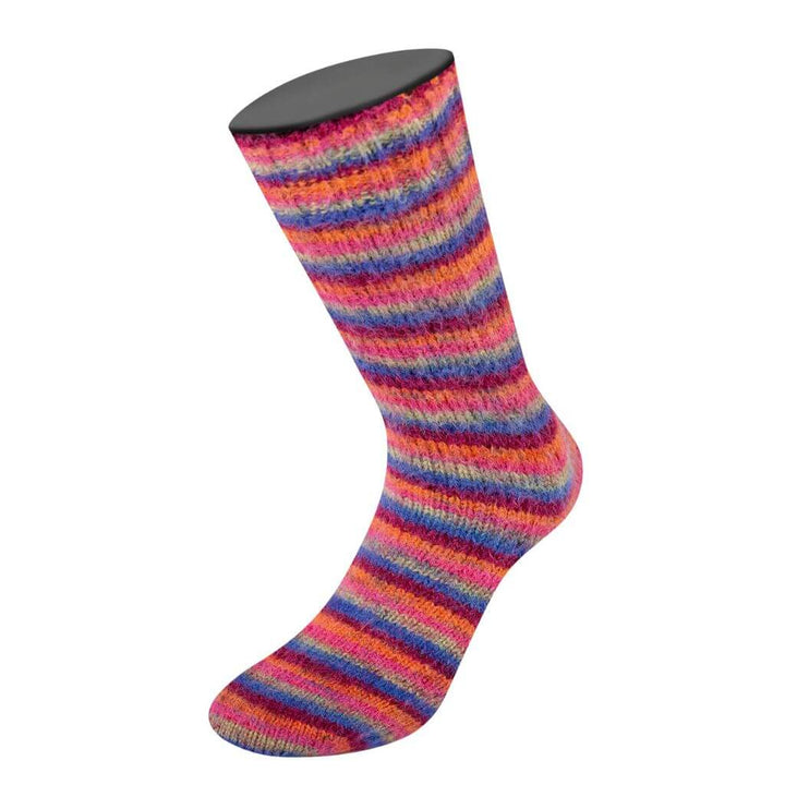 Lana Grossa Cosy Socks Multi Stripes, Farbe 156 Blauviolett/Weinrot/Kürbis/Pink/Graugrün – Merino und bei Lieblingsgarn