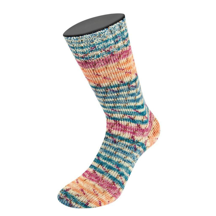 Lana Grossa Landlust Die Sockenwolle, Farbe 512 Ecru/Petrol/Lachs/Orchidee/Graubraun Gestreift – Merino bei Lieblingsgarn