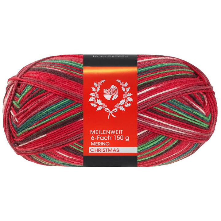 Lana Grossa Meilenweit 6-fach Merino Christmas, Farbe 637 Hellgrün/Dunkelbraun/Orange/ Weiß/Dunkelrot/ bei Lieblingsgarn