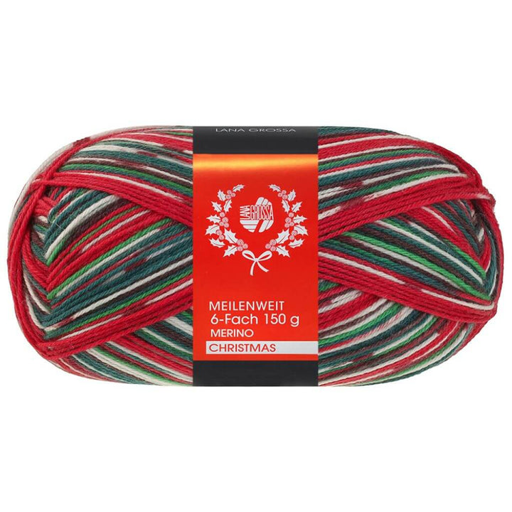 Lana Grossa Meilenweit 6-fach Merino Christmas, Farbe 639 Weiß/Dunkelgrün/ braun/Orange/ bei Lieblingsgarn