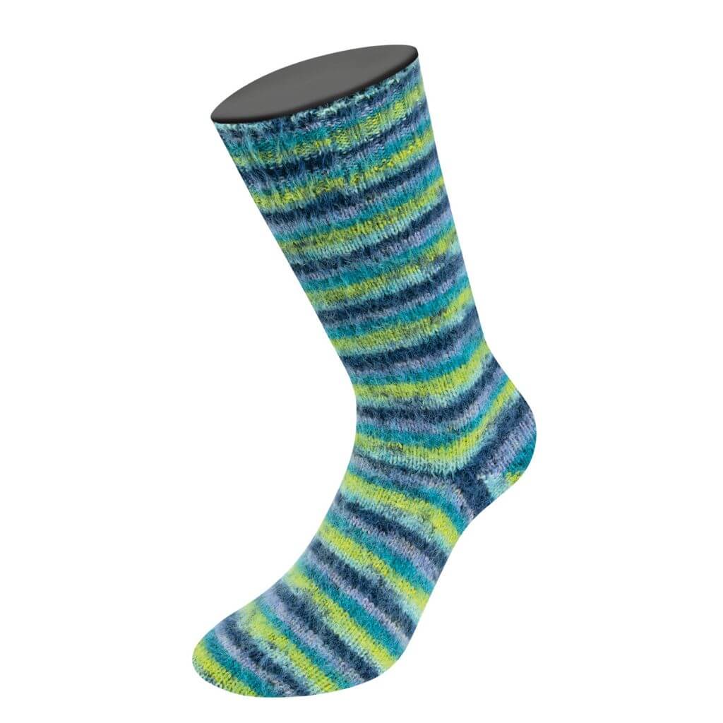 Lana Grossa Cosy Socks Multi Stripes, Farbe 157 Lavendel/Petrol/Maigrün/Türkis/Nachtblau – Merino und bei Lieblingsgarn