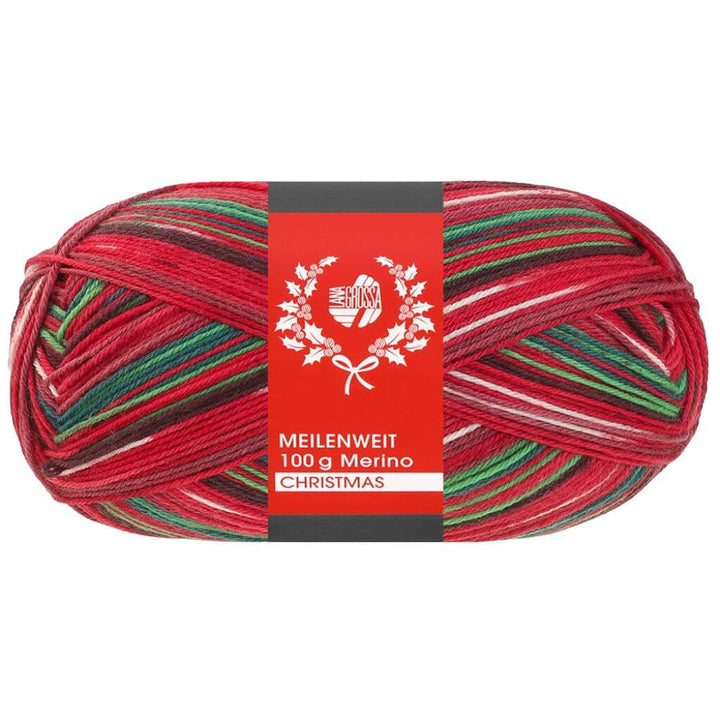 Lana Grossa Meilenweit 100 Merino Christmas Sockenwolle, Farbe 6806 Hellgrün/Dunkelbraun/Orange/ bei Lieblingsgarn